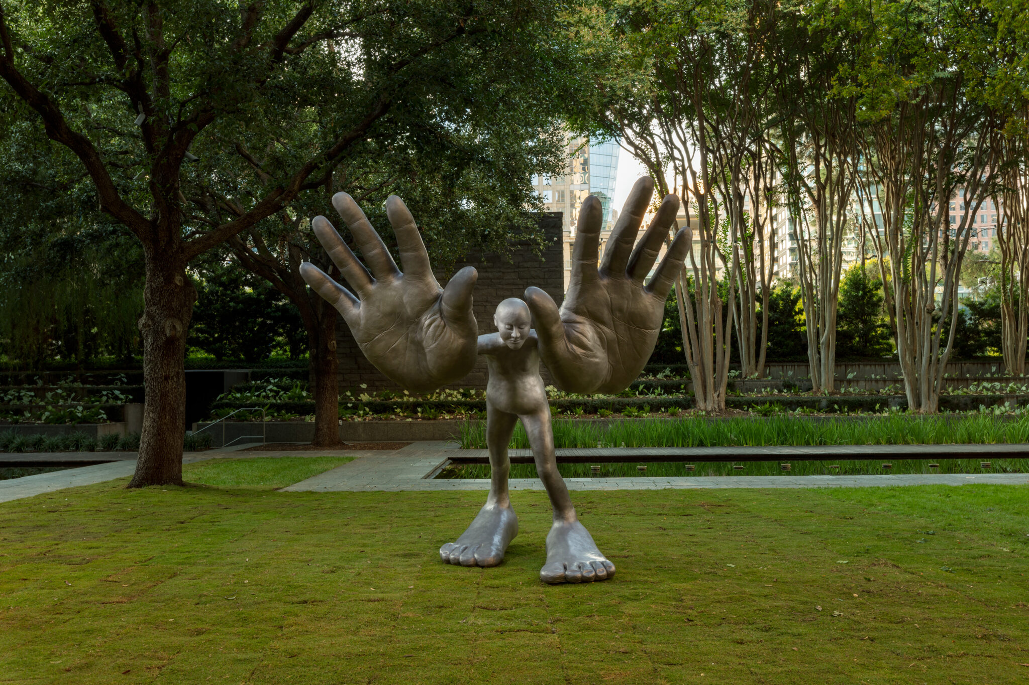 &ldquo;bighands,&rdquo; 2010, enlarged and cast in 2020. Stainless steel