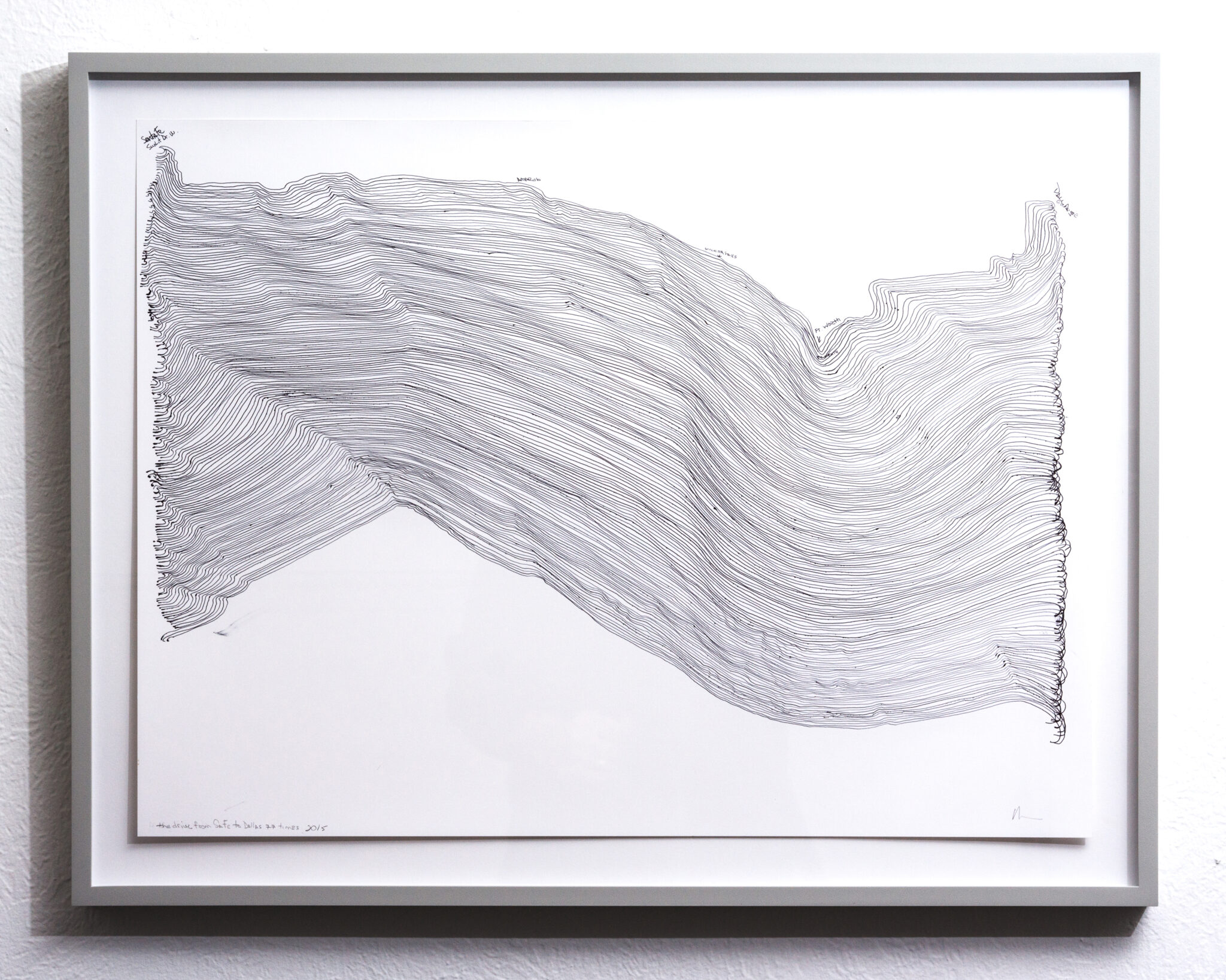 &ldquo;the drive from Santa Fe to Dallas 77 times,&rdquo; 2015. Unique ink on Bristol paper