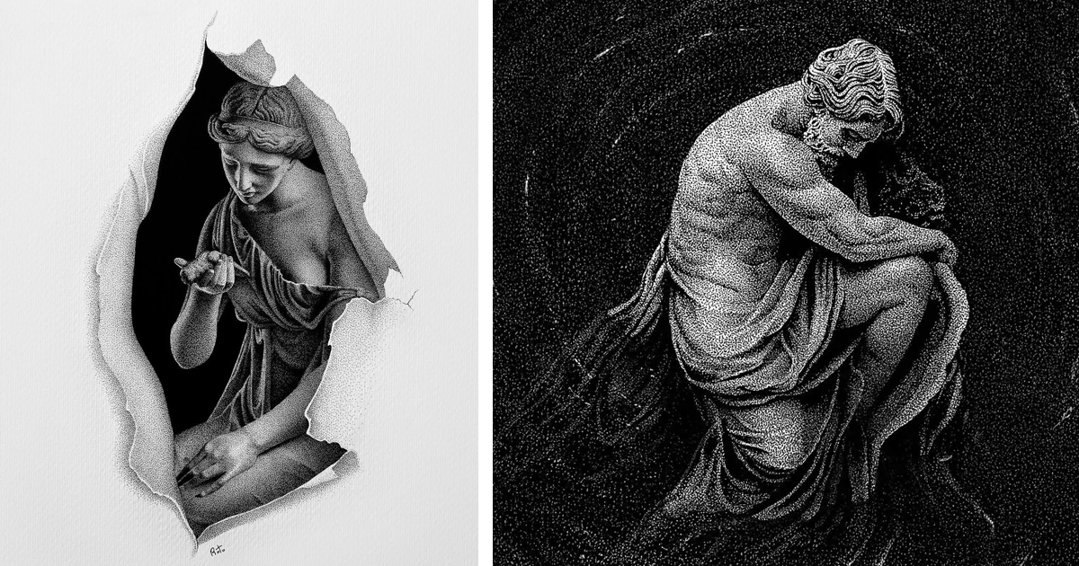 Artist Creates His Own Renaissance Sculpture-Inspired Drawings Made of Millions of Dots