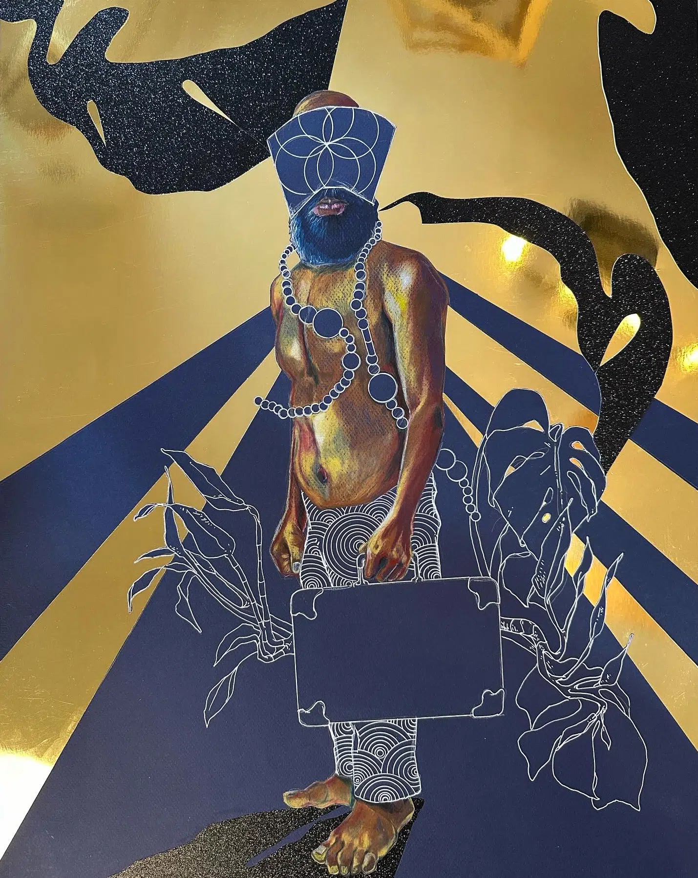 Anthony Suber, “Mislabeled During the Journey,” 2024. Ink and colored pencil on collaged and cut paper