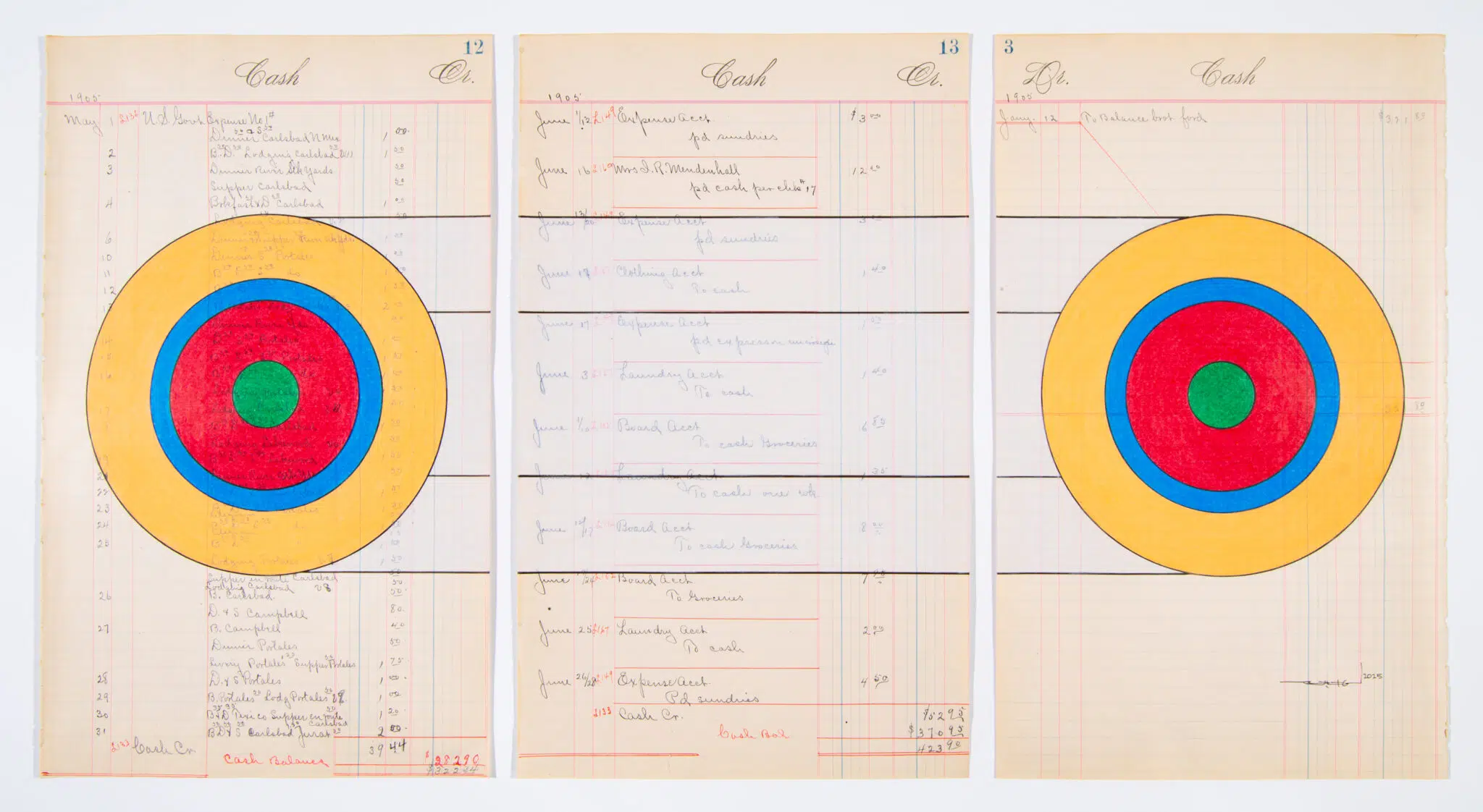 Terran Last Gun, “Discovering Beauty in the Unknown,” 2025. Ink, colored pencil on antique “cash” ledger sheet, dated 1905.