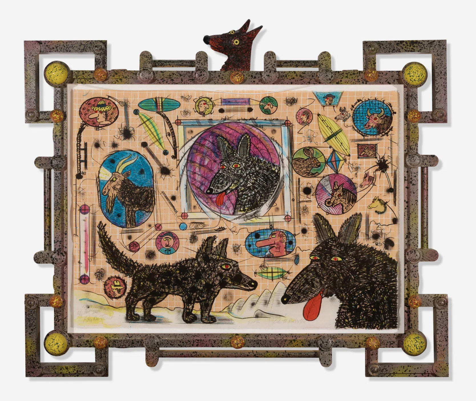 Roy De Forest, “Ode to Rin Tin Tin,” 2002. Lithograph and color woodcut with pochoir on Thai mulberry paper in artist-made frame