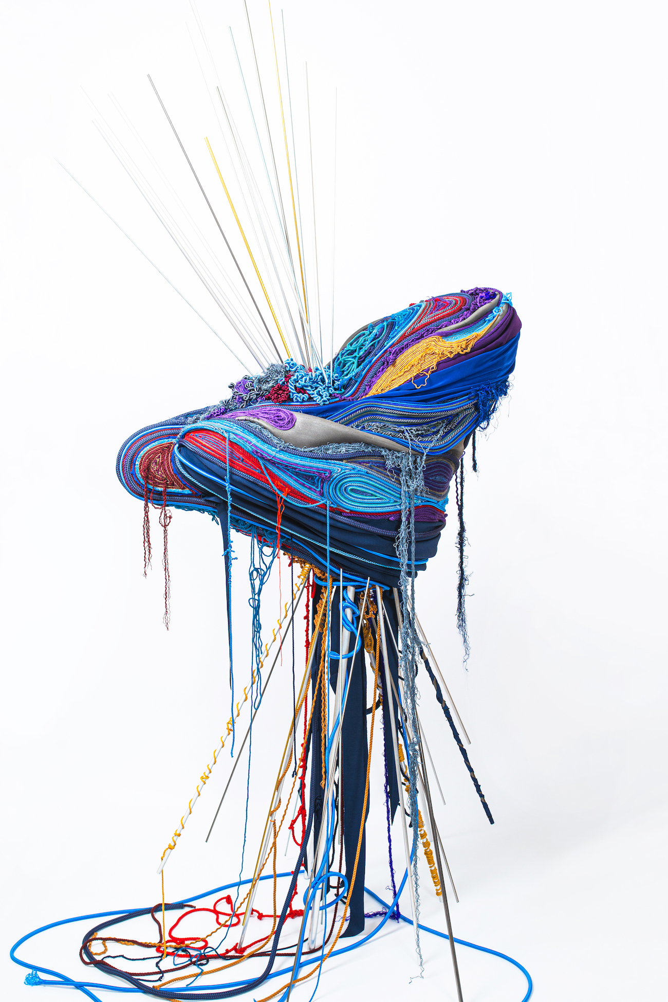 Balance, 2025. String, string, yarn, cloth, foam, copper, aluminium, iron, brass.