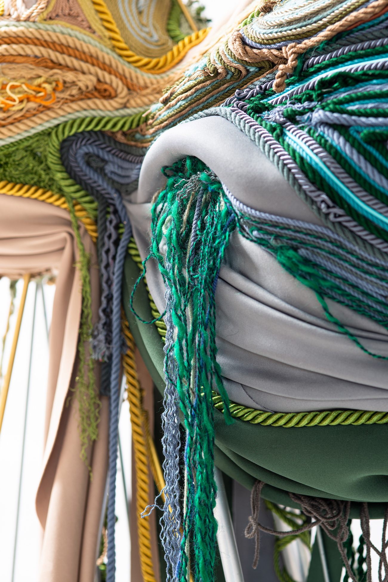 Balance, 2025. String, string, yarn, cloth, foam, copper, aluminium, iron, brass.