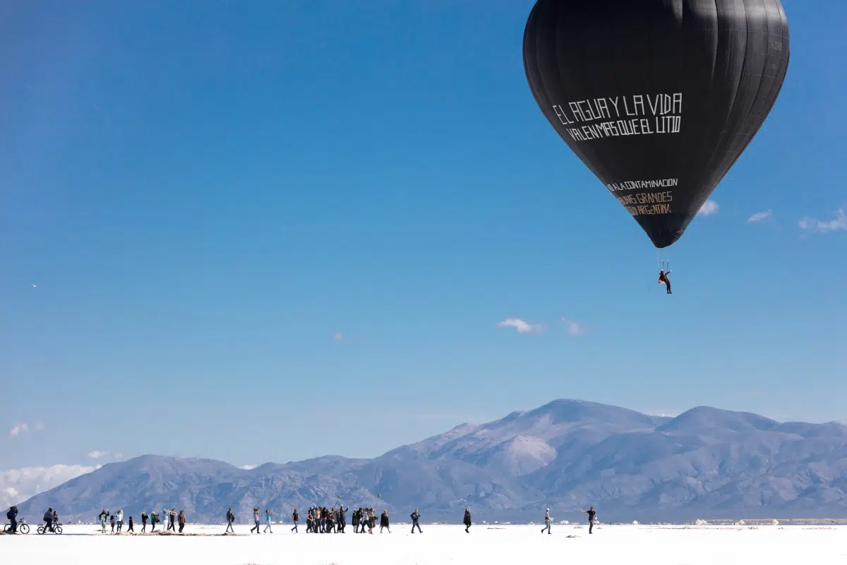 Tomás SaracenoFly with Aerocene Pacha, Salinas Grandes and Laguna de Guayatayoc, northern Argentina, 2020, floating with the message written by the indigenous communities of Salinas Grandes and Laguna de Guayatayoc, Jujuy, Argentina: "Water and Life are Worth More than Lithium", 2020. Human Solar Free-Flight for Aerocene as part of "Connect, BTS", curated by DaeHyung Lee. Image courtesy of the Aerocene Foundation. Licensed under CC-SA 4.0 by Aerocene Foundation. © Photography by Studio Tomás Saracen