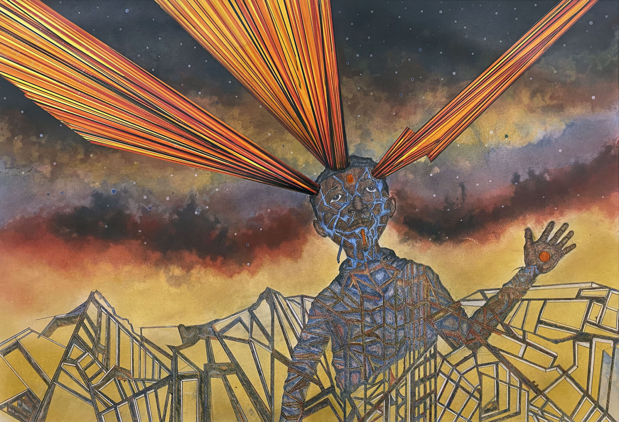 Rodney Ewing, &ldquo;Celestial Mechanics,&rdquo; 2023. Dry pigment, colored pencils, and ink on paper.