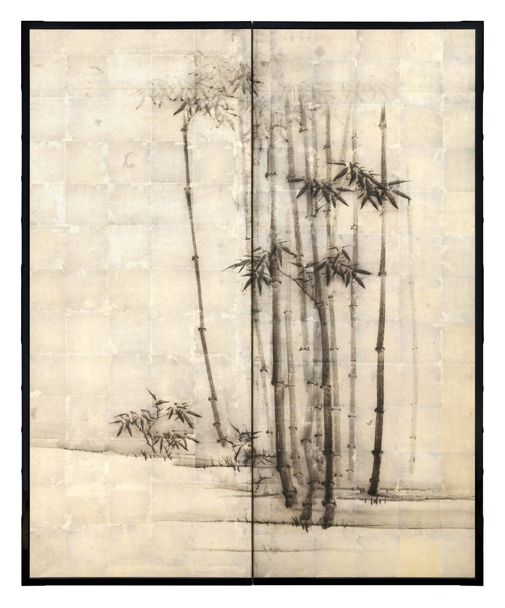 Kano School, &ldquo;Bamboo,&rdquo; ca. 1800-1850. Two-panel folding screen, ink on silver leaf over paper.