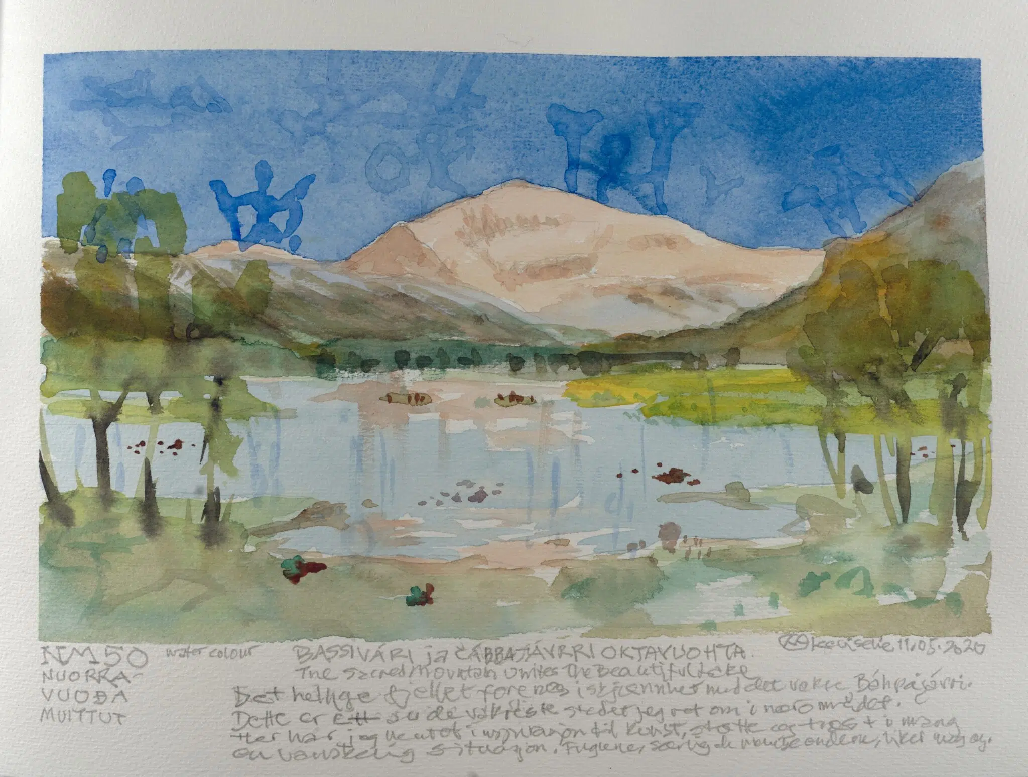 Hans Ragnar Mathisen, &ldquo;The Sacred Mountain Unites the Beautiful Lake,&rdquo; 2020. Watercolor on paper. (Photo: Tanya Busse, courtesy of the artist)