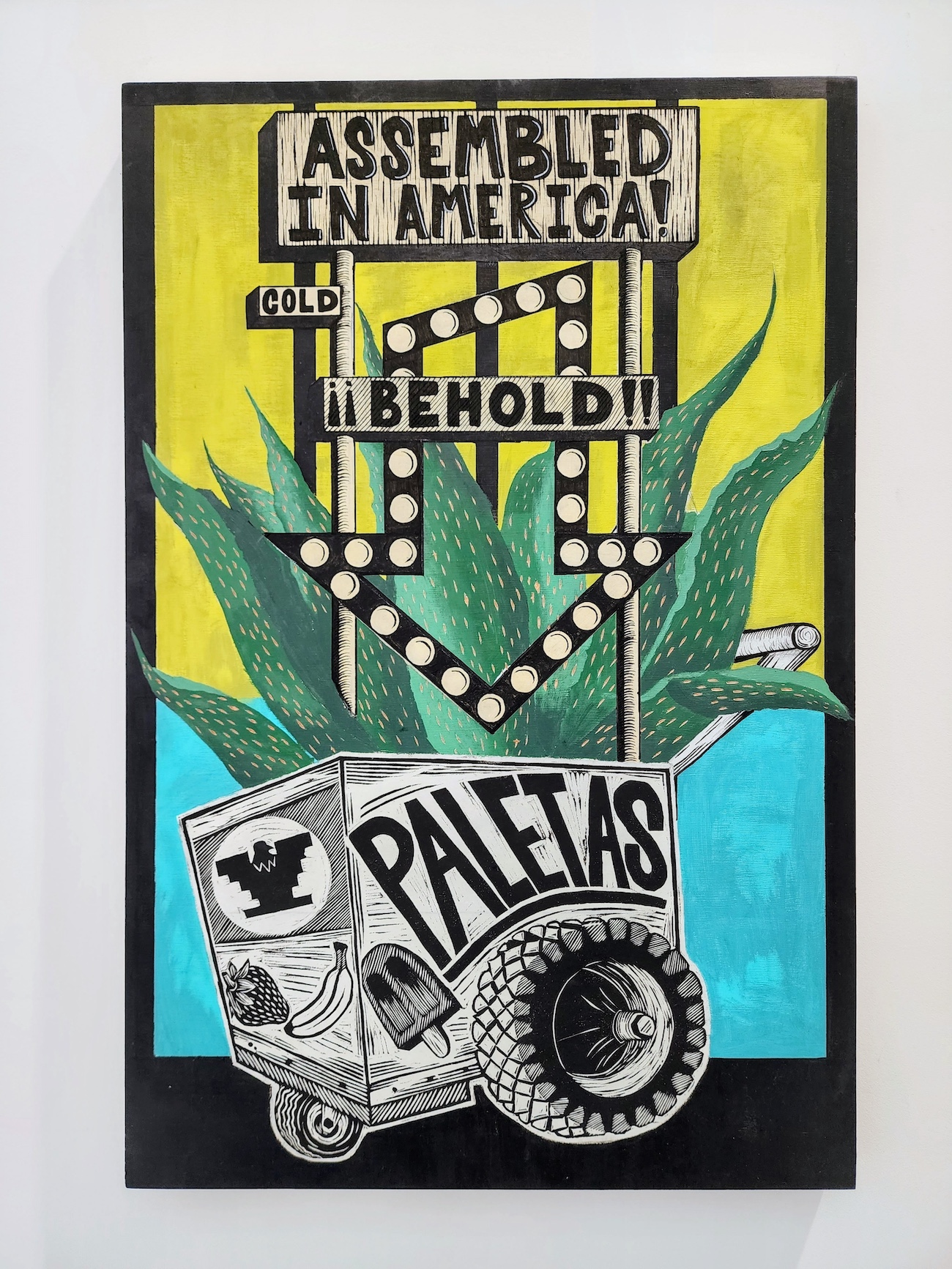 Benjamin Mu&ntilde;oz,"A Miracle of the Masses," 2023, acrylic on carved panel with relief printmaking collage, 35 x 23 in. Gift of Jorge A. Lopez, MD and Samantha Lopez for The Cheech Center Collection of the Riverside Art Museum. Courtesy of the artist.