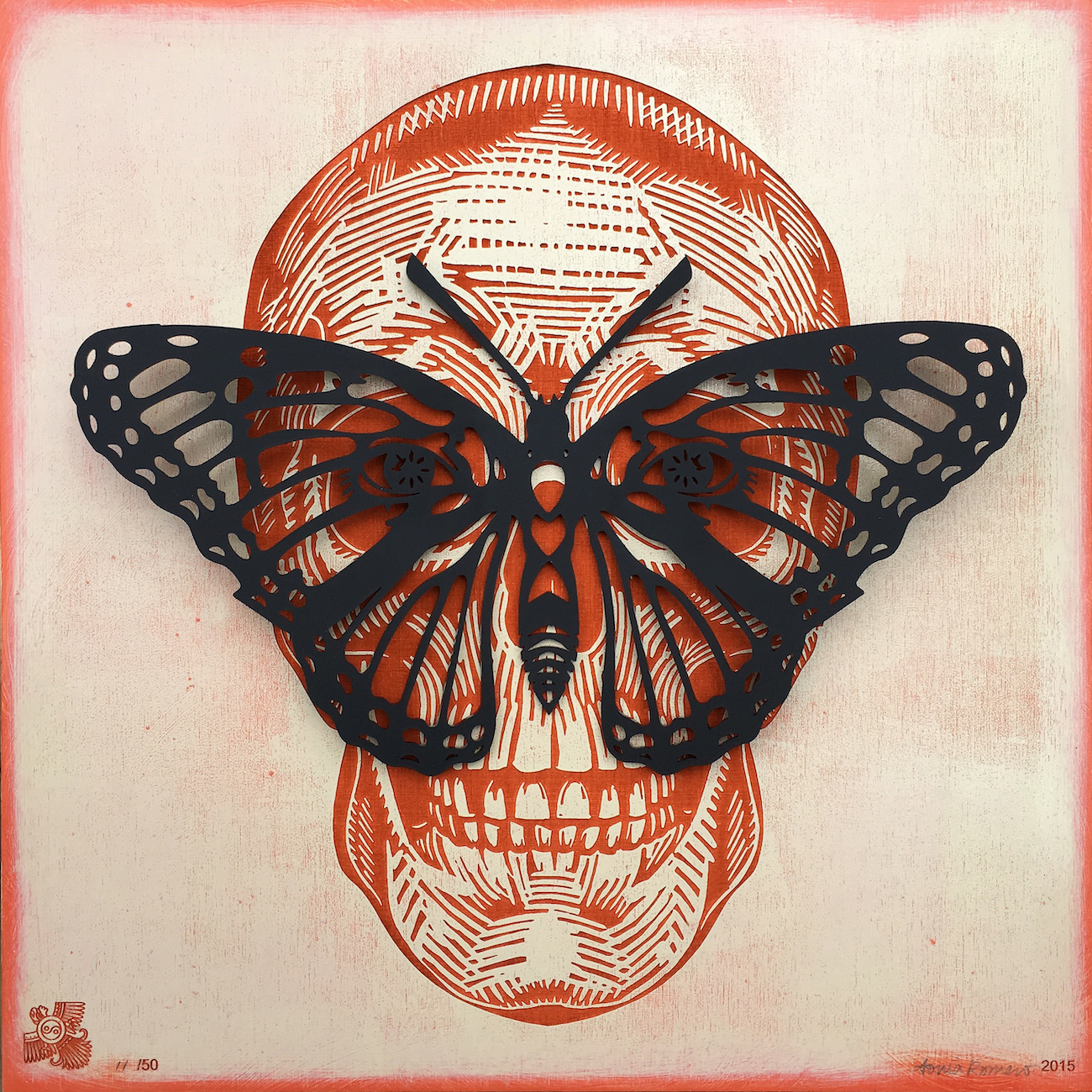 Sonia Romero, "Wings of the Dead," 2015, laser-cut plexiglass on laser-etched wood, hand painted by the artist, 12 x 12 in. Gift of Cheech Marin. Courtesy of the artist.