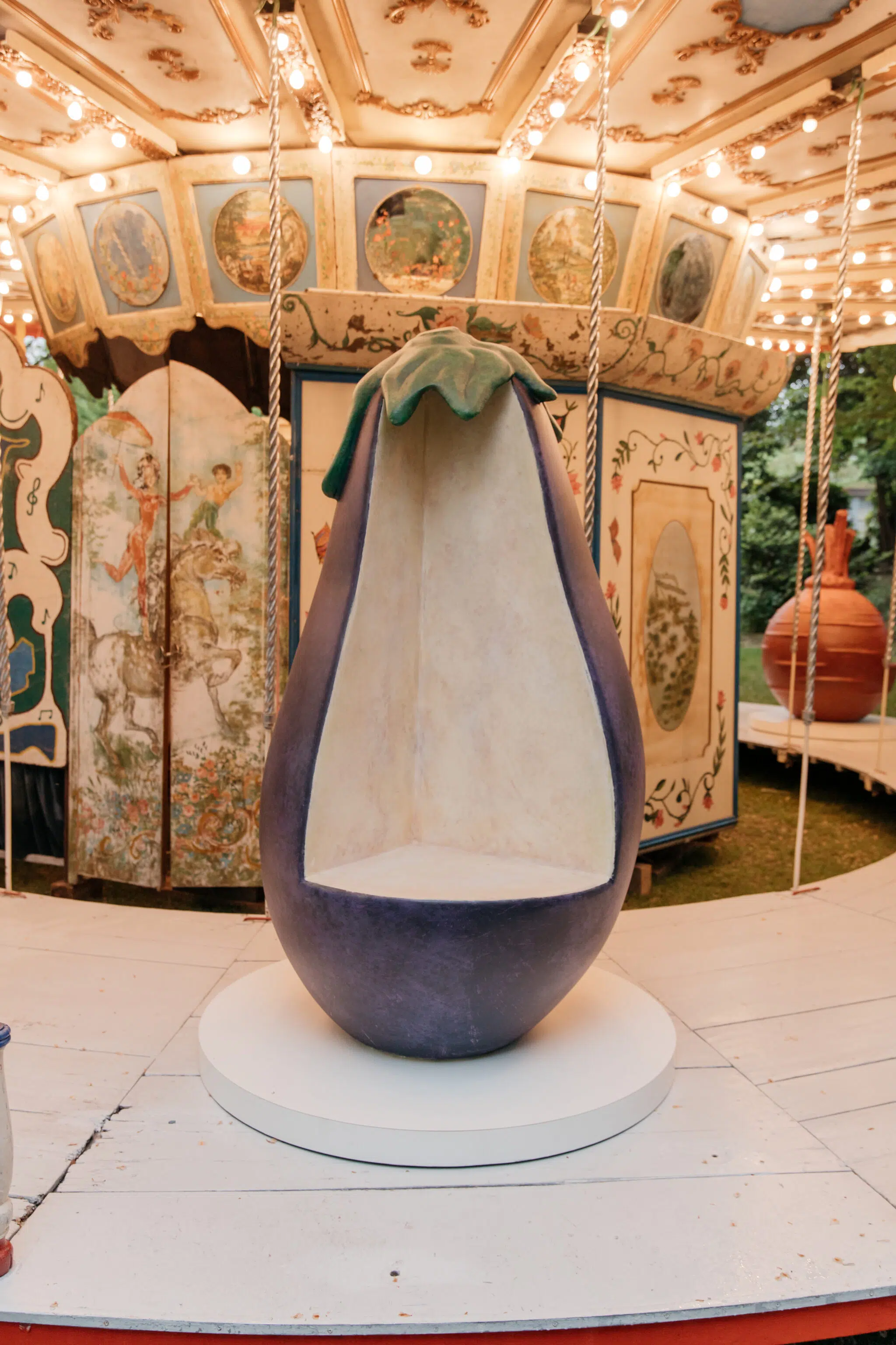 An eggplant seat, part of the carousel produced for the Laila Gohar x Arket collaboration