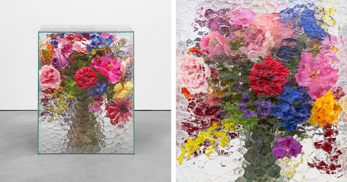 Patterned Glass Box Makes Encased Flower Bouquet Look Like an Impressionist Painting From Every Angle