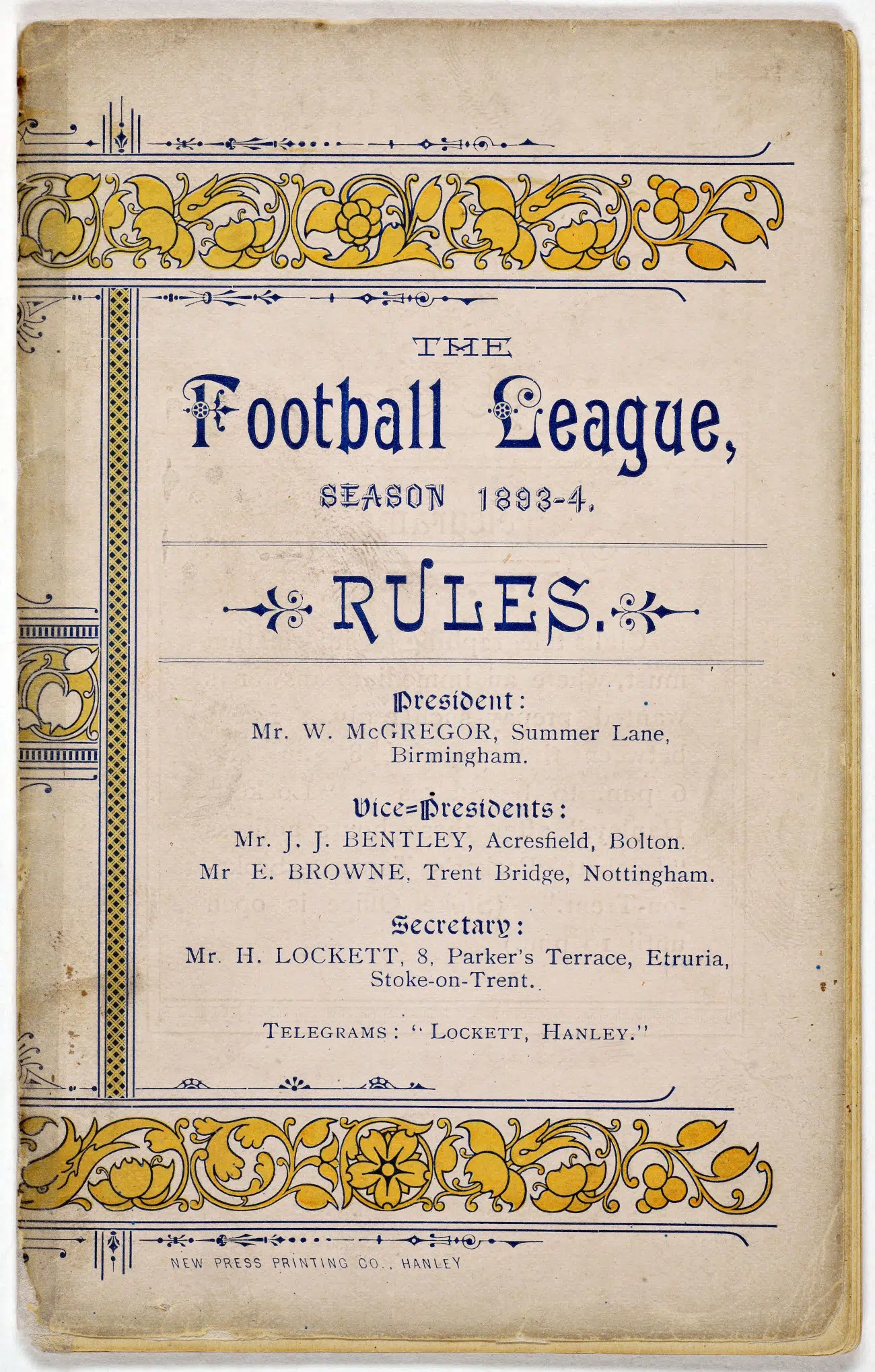 Early Rule Book of Football. The Football League, 1893-1894