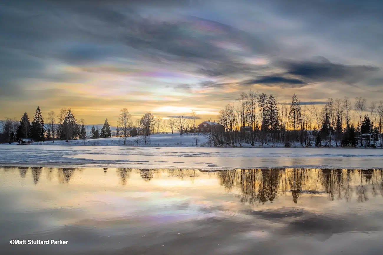 Snowy landscape reflected on water
