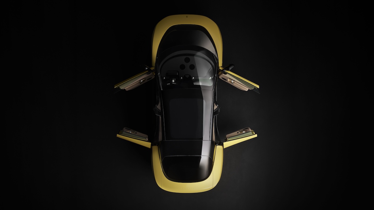 Ferrari Luce exterior yellow, aerial view of "glass house"