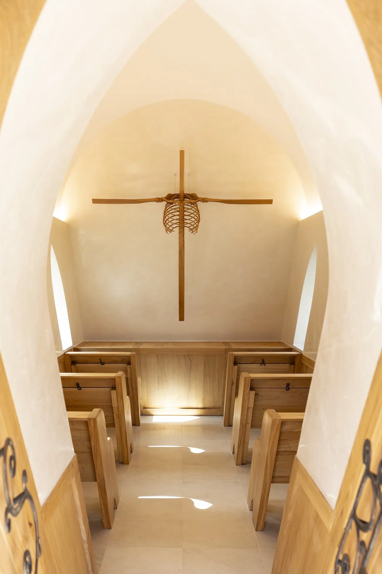 Brick chapel leaning 40 degrees forward, interior