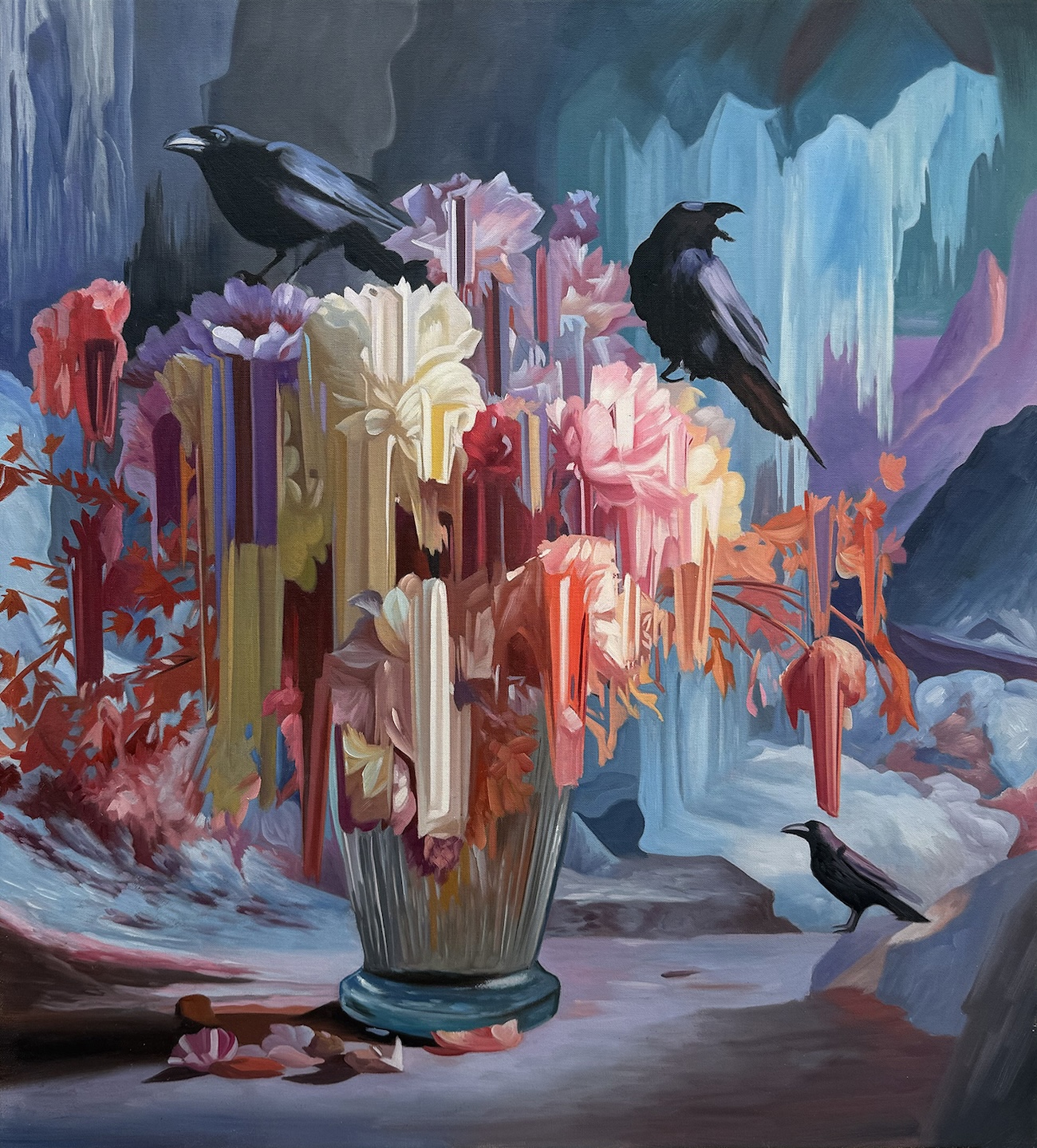 Two Birds Perched on Bouquet With Jagged Colorful Glitches by Alexis Mata
