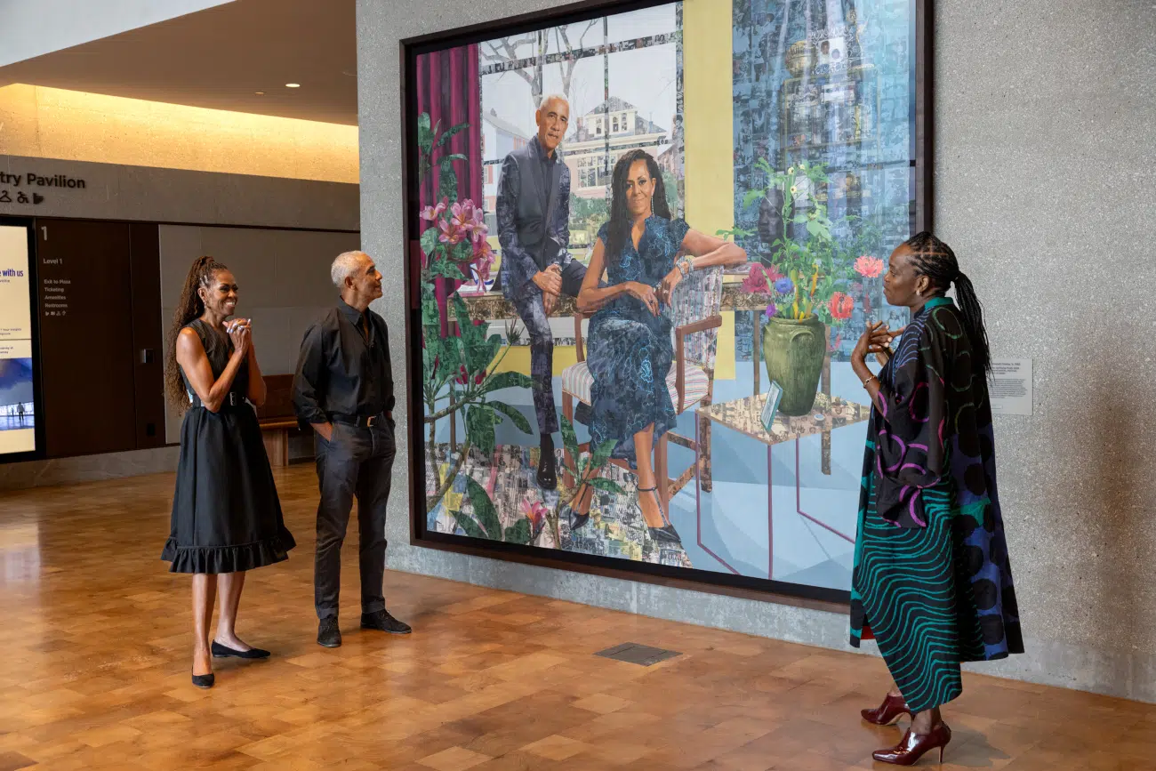 President and Mrs. Obama unveil their first commissioned portrait by Njideka Akunyili Crosby in the Hope and Change Lobby of The Obama Presidential Center Museum in Chicago, IL, on June 14, 2026.