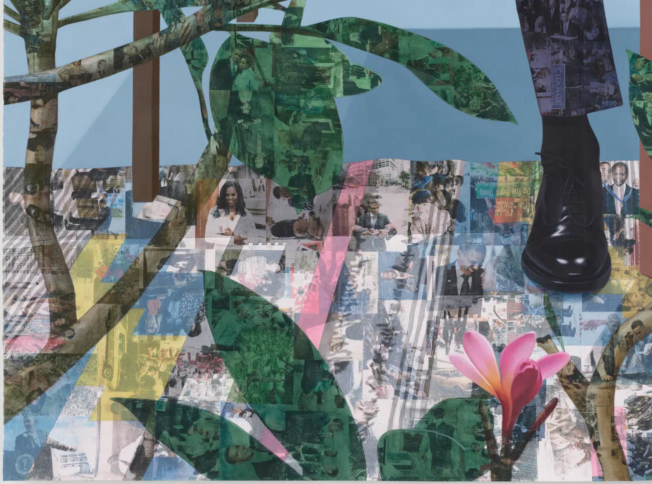 Njideka Akunyilil CrosbyThe Obamas: Springing Forth, 2026
Acrylic, colored pencils, charcoal, and transfers on paper
Unframed: 108 x 120 inches  
Framed: 115 1/8 x 127 5/16 x 3 5/16 inches (HWD)
&copy; Njideka Akunyili Crosby
Courtesy of the artist, Victoria Miro, and David Zwirner.
Commissioned by The Obama Presidential Center. Photo by: Marten Elder