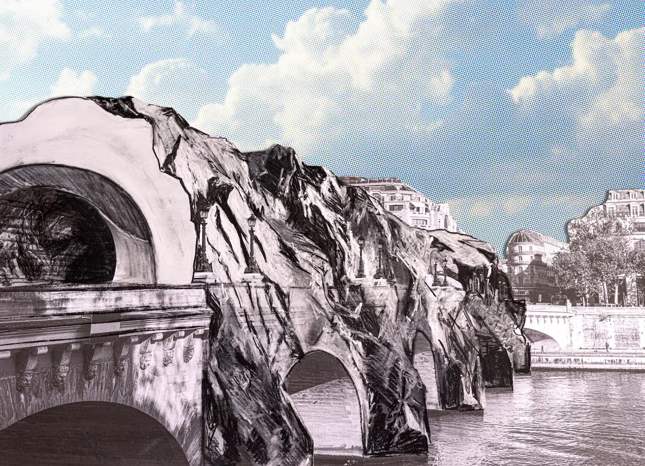 JR, La Caverne du Pont Neuf (esquisse pr&eacute;paratoire), Collage 2026, Paper cutout on paper, 25.5 x 41 cm (10 x 16⅛ in). Photo: Courtesy Atelier JR &copy; 2026 Atelier JR.
