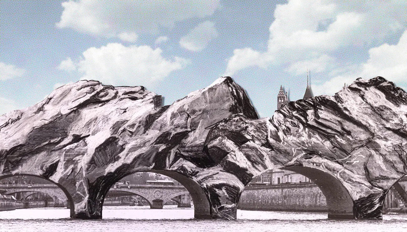 JR, La Caverne du Pont Neuf (esquisse pr&eacute;paratoire), Collage 2026, Paper cutout on paper, 25.5 x 41 cm (10 x 16⅛ in). Photo: Courtesy Atelier JR &copy; 2026 Atelier JR