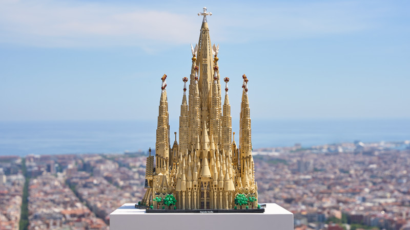 LEGO Sagrada Família with Barcelona in the background