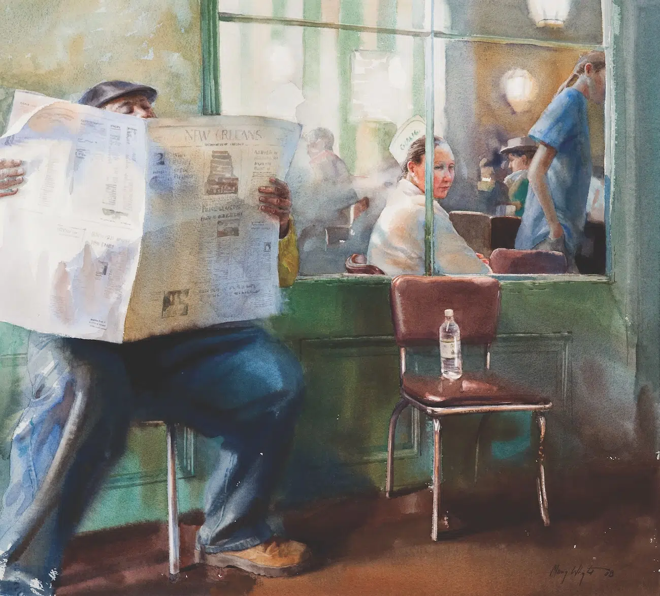 News at Café du Monde, 2008. By Mary Whyte (American, b. 1953). Watercolor on paper. 41 x 42.75 (31 x 32.75)