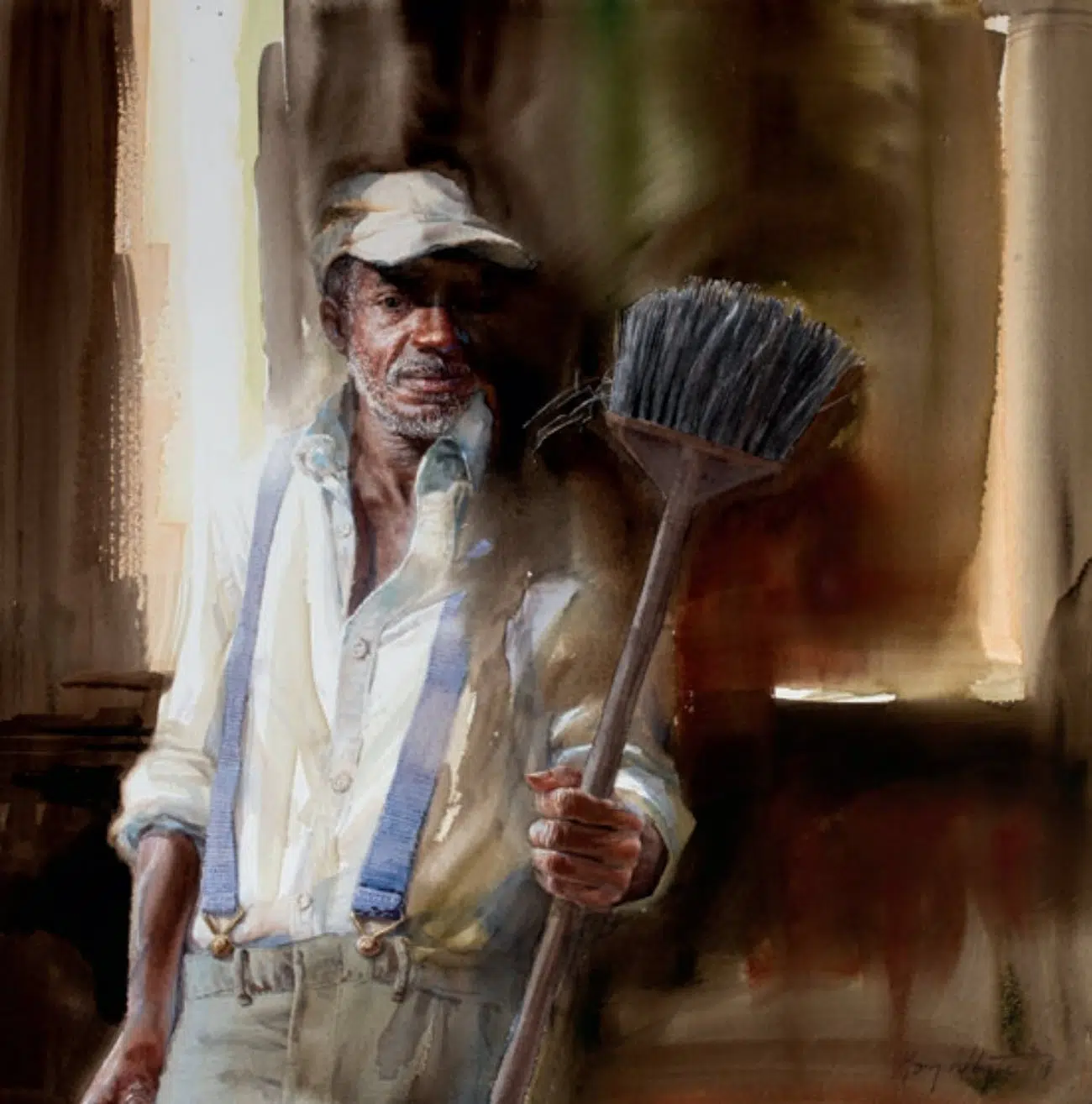 Sweeper, 2019. By Mary Whyte (American, b. 1953). Watercolor on paper. 35 ¼ x 34 ¼ inches