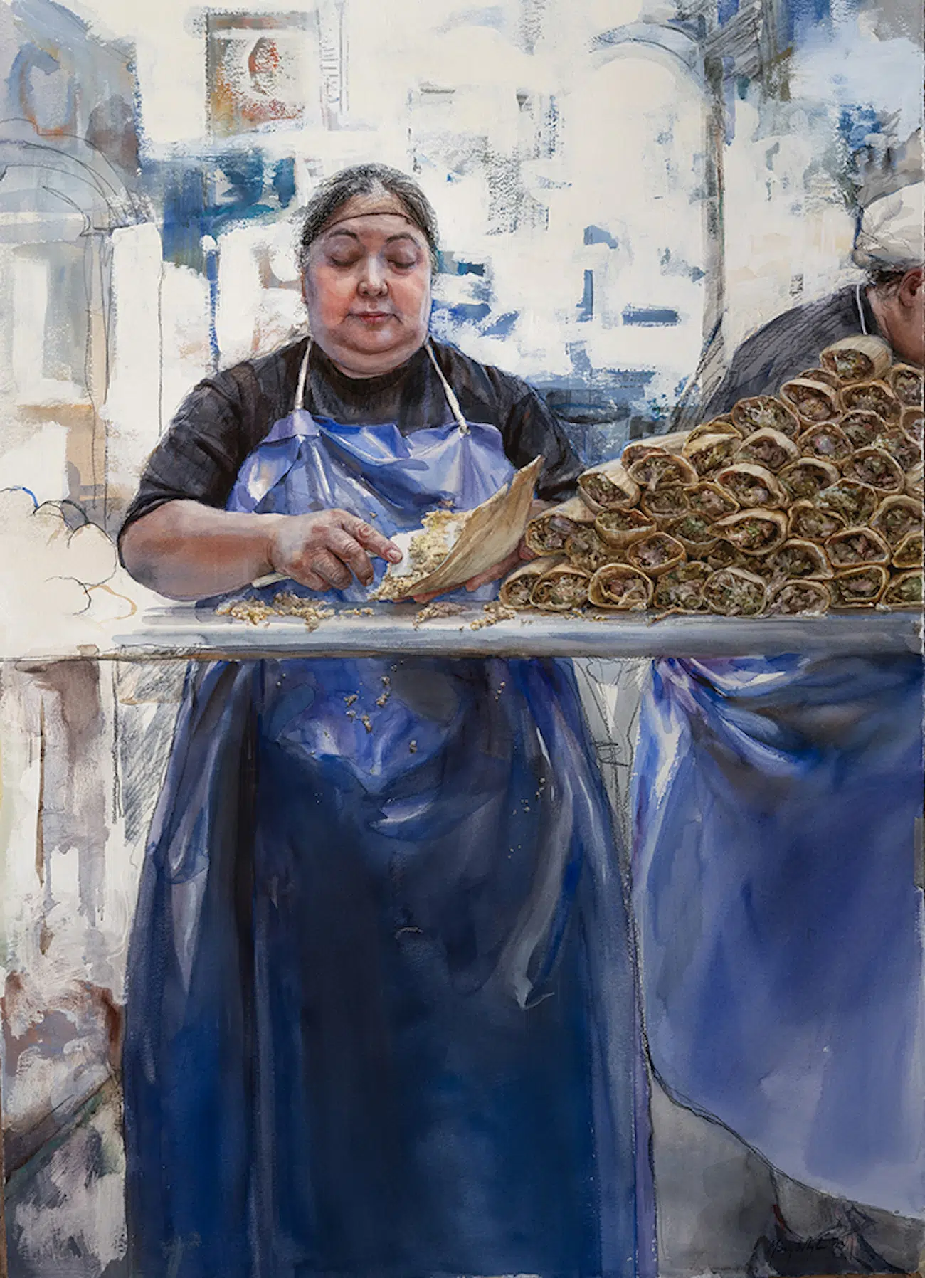 Tamales, 2023. By Mary Whyte (American, b. 1953). Watercolor on paper. 55 x 43 (41 x 29)