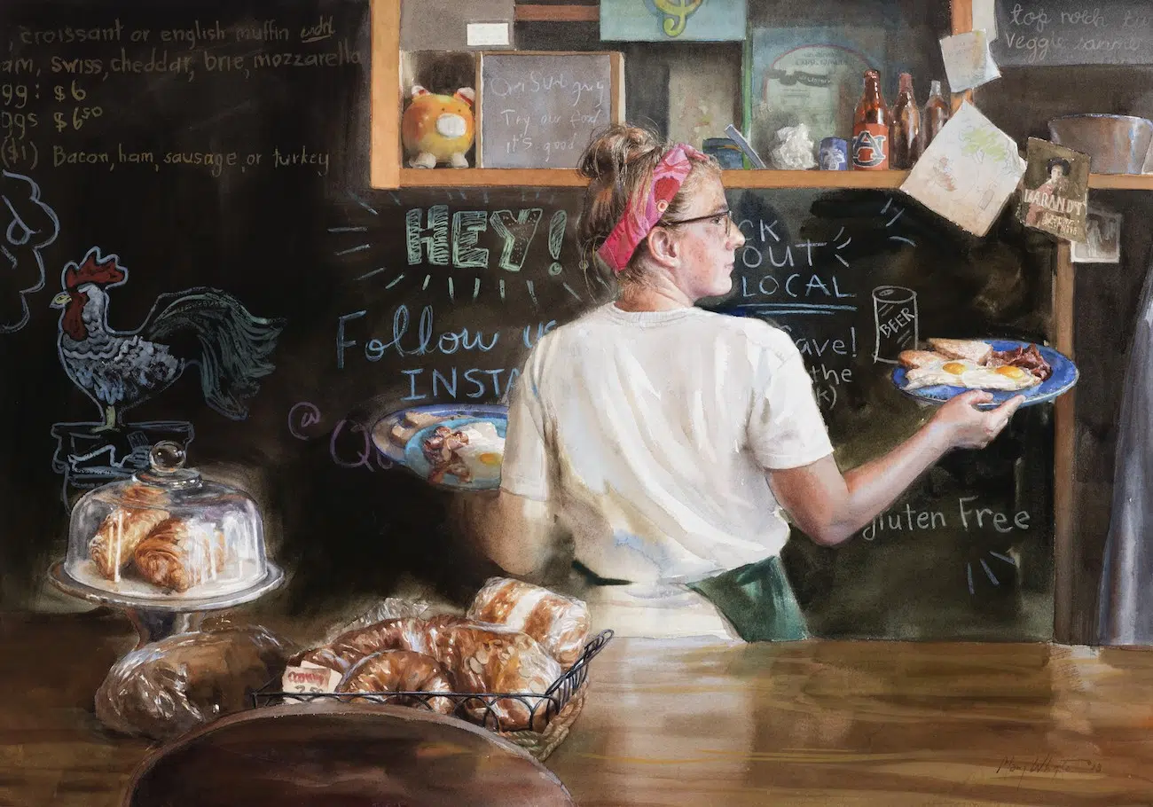 Blue Plate Special, 2018. By Mary Whyte (American, b. 1953). Watercolor on paper. 37 x 46 (23 x 33 unframed)