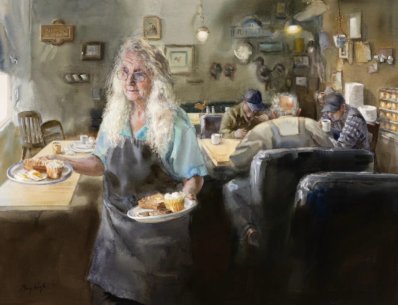 Red Rooster Café, 2021. By Mary Whyte (American, b. 1953). Watercolor on paper38.5 x 47 (24 x 31)