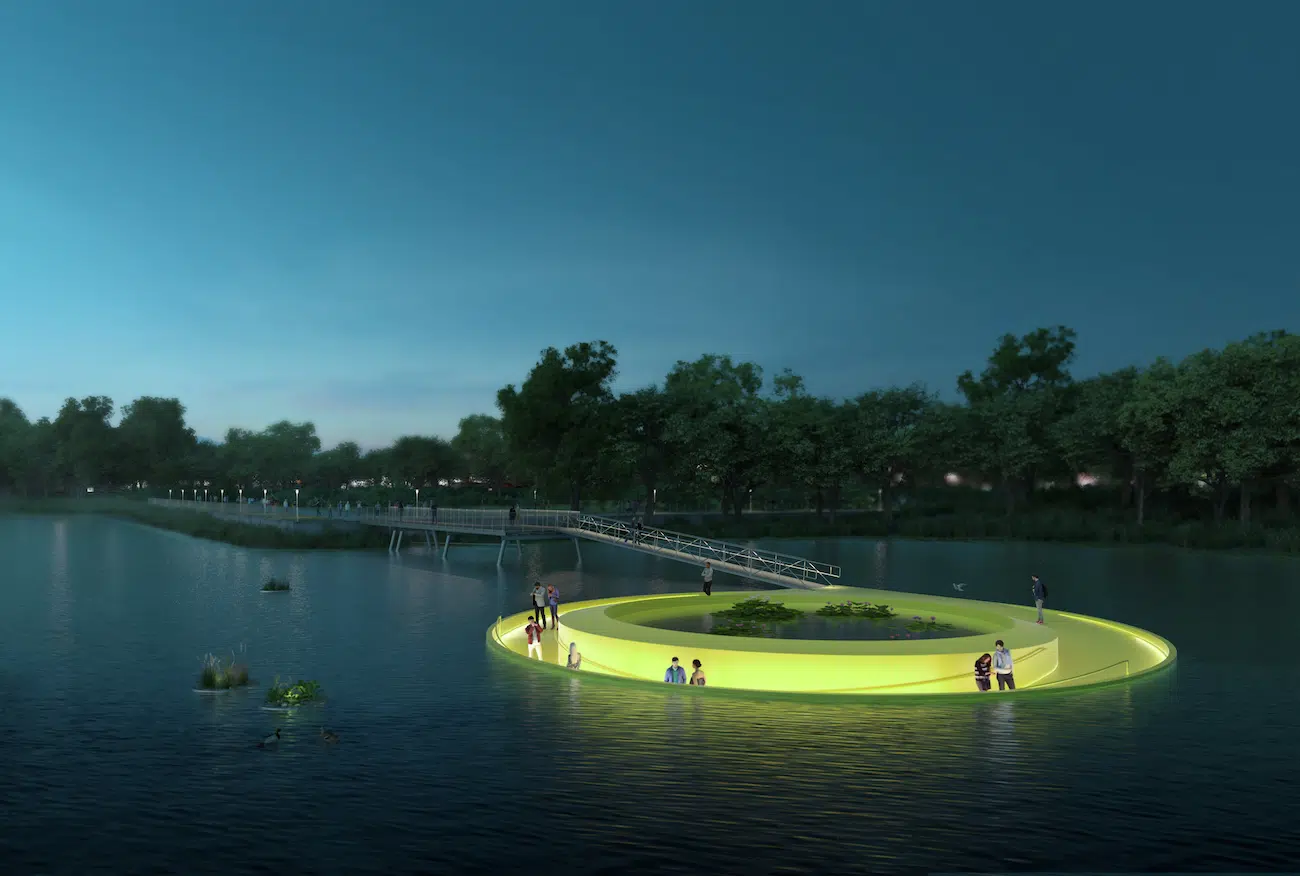 FloatLab © 2026 City of Philadelphia Mural Arts Program / J. Meejin Yoon, Bartram’s Garden. Concept image provided by Höweler & Yoon Architecture and Brick Visual.