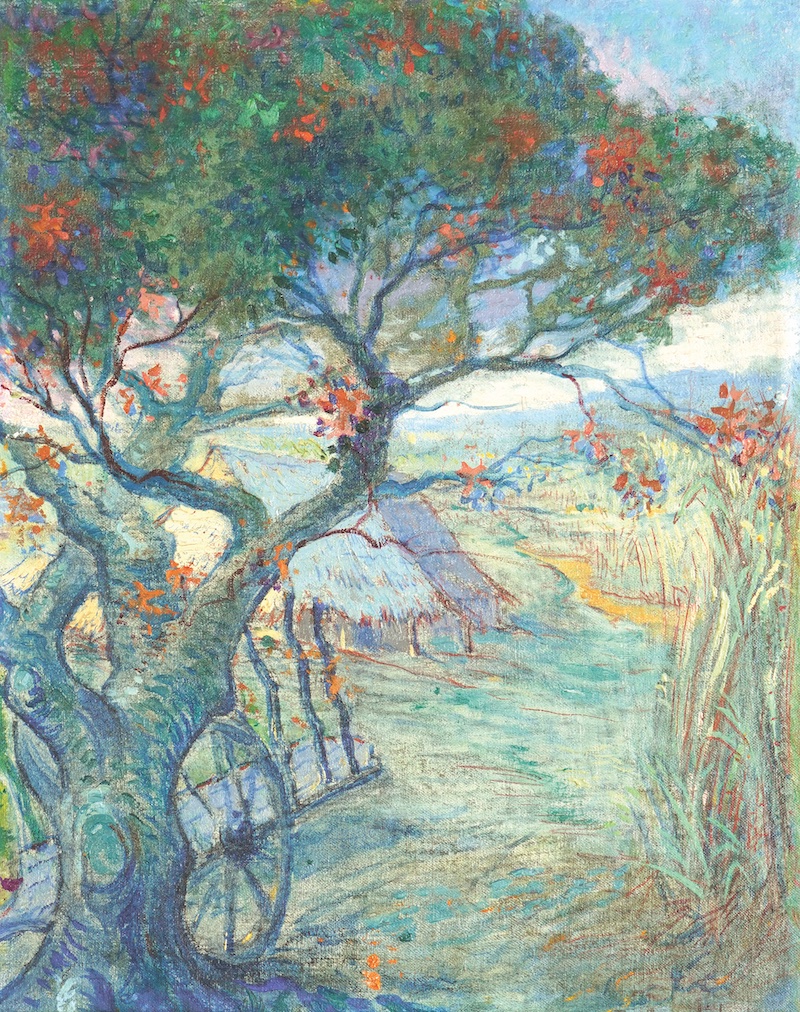 Pastor Argudín Pedroso, Flamboyán, carreta y bohío (Ponciana Tree, Cart and Hut) Painting