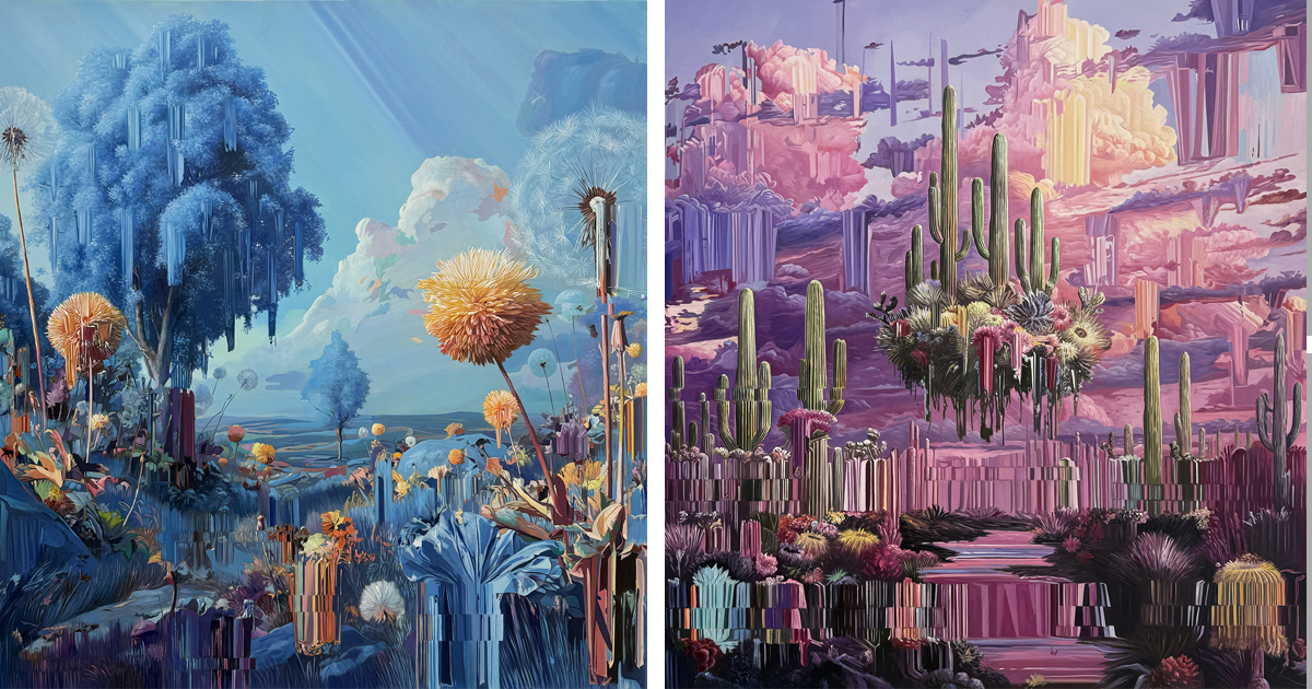 Artist Paints “Glitches” Into Surreal Candy-Colored Landscapes With Giant Dandelions and Floating Cacti