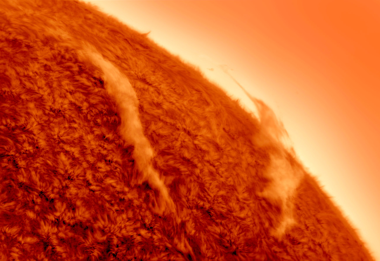 Our Sun. "Suspended Plasma" &copy; Mario Cogo (Italy). The solar limb, presented in inverted tones and enhanced colour, reveals a filaprom [filament-prominence] that rises like an arc of fire shaped by invisible magnetic forces. Nearby, a filament winds across the luminous surface, cutting through the incandescent plasma. The tonal inversion heightens the contrast and creates a vivid sense of three-dimensionality, revealing the dynamic nature of our star. Taken with a home-built refractor, iStar Optical H-alpha 150 mm f/10 lens, Solar Spectrum 0.5A&deg; H-alpha filter, Lunt 40 and Baader TZ-4 telecentric system, Astro-Physics 1200GTO mount, Player One Astronomy Apollo M-Max camera, 6,000 mm f/40, 33 x 10.6-millisecond exposures. Location: Monticello Conte Otto, Vicenza, Italy, 15 May 2025