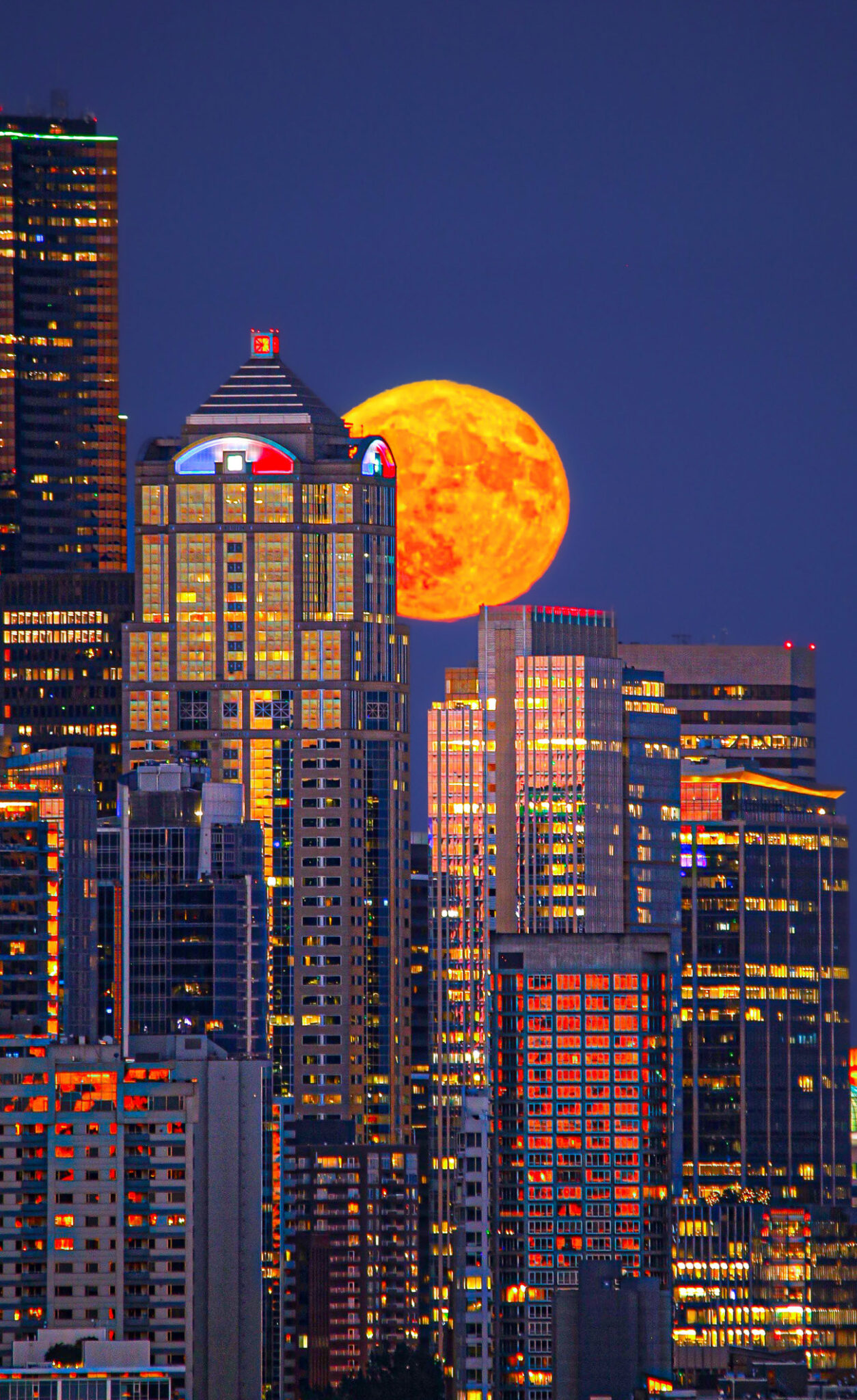 People & Space. "Golden Moonrise Over Seattle" © AJ Smadi (USA). This picture reveals the city of Seattle, illuminated at twilight during a summer sunset. Above it, the orange Buck Moon is rising. The colour of the Moon reflected in Seattle’s skyline casts a golden light over the entire city, its deep glow adding presence to the image and providing a contrast to the sleek lines of the intricate architecture with its raw and rugged terrain. Taken with a Canon EOS 6D camera, 600 mm f/7.1, ISO 800, 1/125-second exposure. Location: Seattle, Washington, USA, 11 July 2025