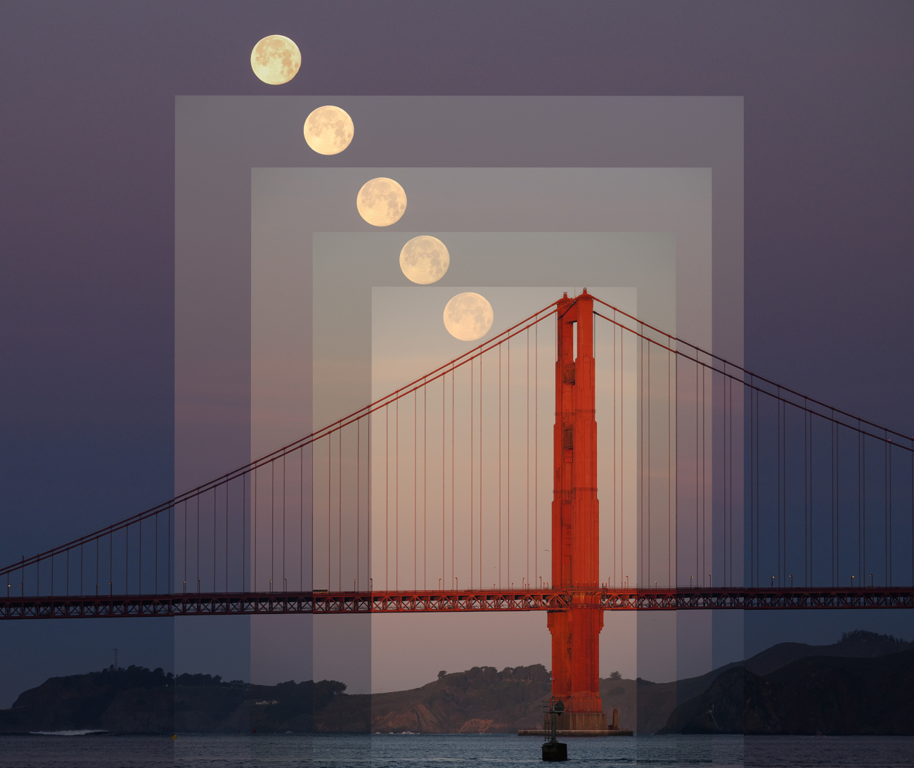 People & Space. "Fifteen Minutes of Moonset and Sunrise Over the Golden Gate" © Fredric Walder (USA). This composite image shows five separate captures of the setting Full Moon, taken as the sky changed from a deep blue, in which the pinkish glow known as the Belt of Venus was visible, to full golden-hour illumination. Fredric Walder attempted to show the evolution of both the colour and luminosity of the sky by keeping the lunar disc approximately the same brightness in each section. Taken with a Nikon Z 8 camera, 150 to 380 mm, f/9, ISO 1000, multiple 1.25- to 2.5-millisecond exposures. Location: San Francisco, California, USA, 2 February 2026