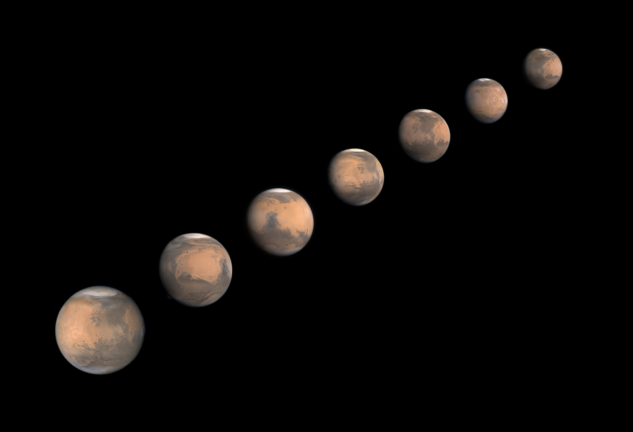 Planets, Comets & Asteroids. "Mars in 2025" © Tom Williams (UK). This composite image shows several views of Mars after it reached opposition, the point at which Earth was directly between Mars and the Sun. All the images were captured at the same scale, highlighting how quickly the planet decreases in apparent size as it recedes from Earth. Seasonal changes are also visible, with the polar ice cap shrinking as the planet’s northern hemisphere enters local spring/summer. Taken with a custom 600 mm (24″) Dobsonian reflector, UV/IR cut filter, Player-One Astronomy Uranus-C camera, 10,500 mm f/17.5, multiple 10-millisecond exposures Location: Trowbridge, Wiltshire, England, 3 January, 16, 25 February, 15, 22 March, 13 and 27 April 2025