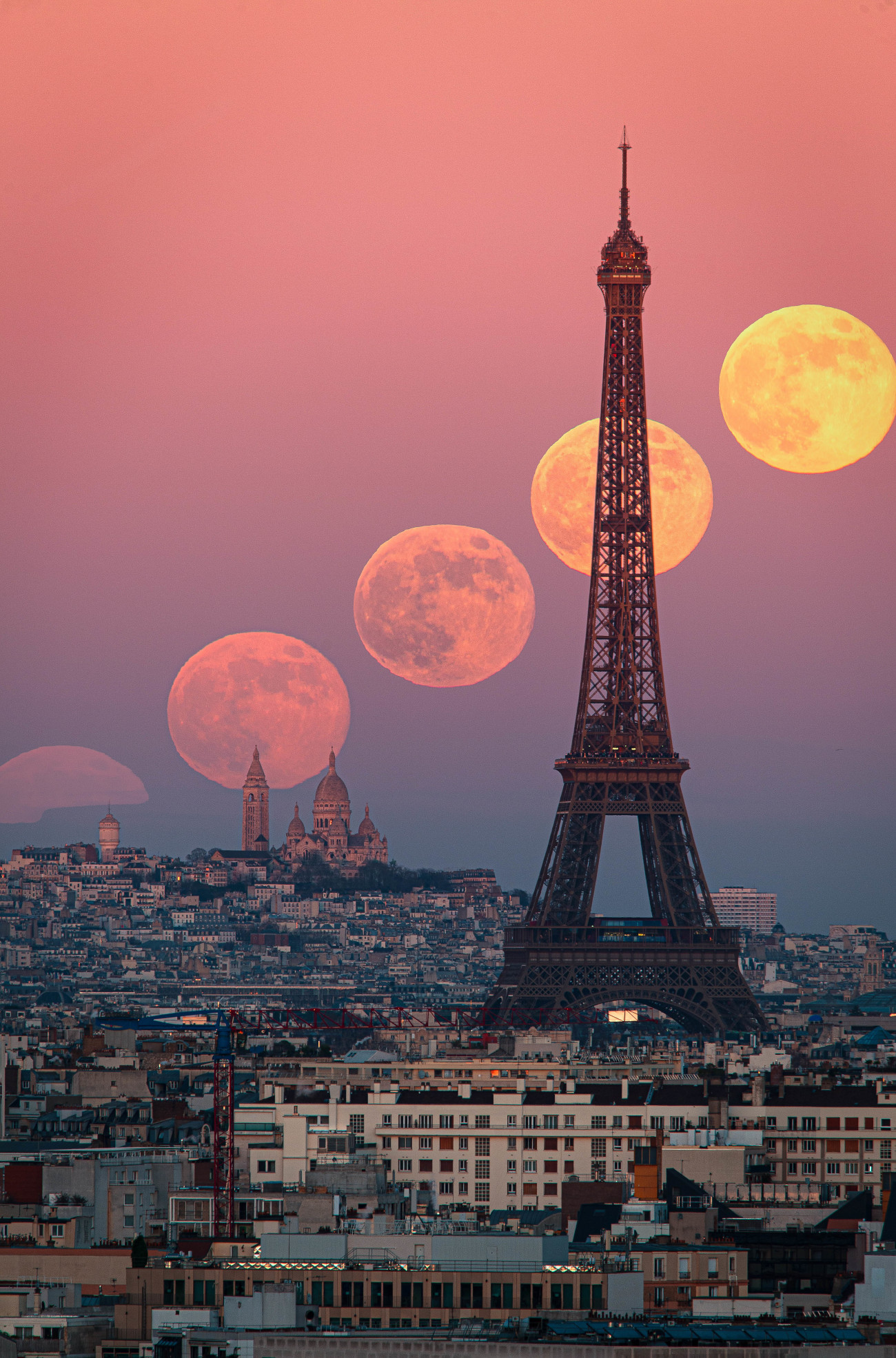 Our Moon. "Supermoon Path Over Paris at Sunset" &copy; Martin Giraud (France). Martin Giraud chose to photograph the first Full Moon of the year over the Paris skyline. The Eiffel Tower was 6.3 km (3.9 miles) away from their position, and the Sacr&eacute;-C&oelig;ur Basilica was 11.1 km (6.9 miles) away. This explains why the Moon appears so large in the frame. The location offered the perfect alignment between the buildings and the rising Moon. The Moon rose just before sunset, allowing Giraud to capture the vivid colours and Belt of Venus [a pinkish band of light visible at twilight] in the background. Taken with a Canon EOS 6D camera, Sigma 150-600 mm lens, 500 mm f/8, ISO 100, 1/60-second exposure. Location: Meudon, &Icirc;le-de-France, France, 3 January 2026