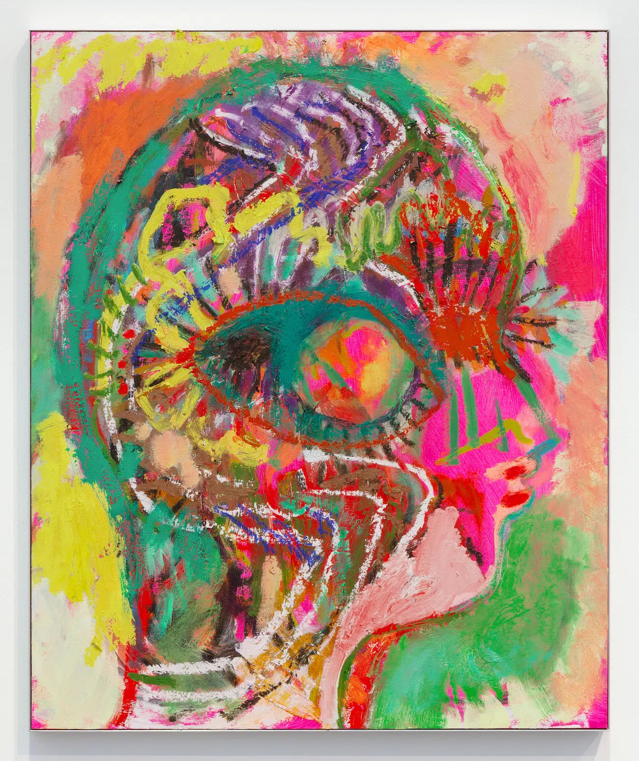 Bianca Beck, Umbilical Brain, 2022. Acrylic and oil on wood panel, with artist-made aluminum frame. 24 x 20 inches. Courtesy of the artist, Uffner & Liu, and the Center for Maine Contemporary Art. (Photo: Art Index)