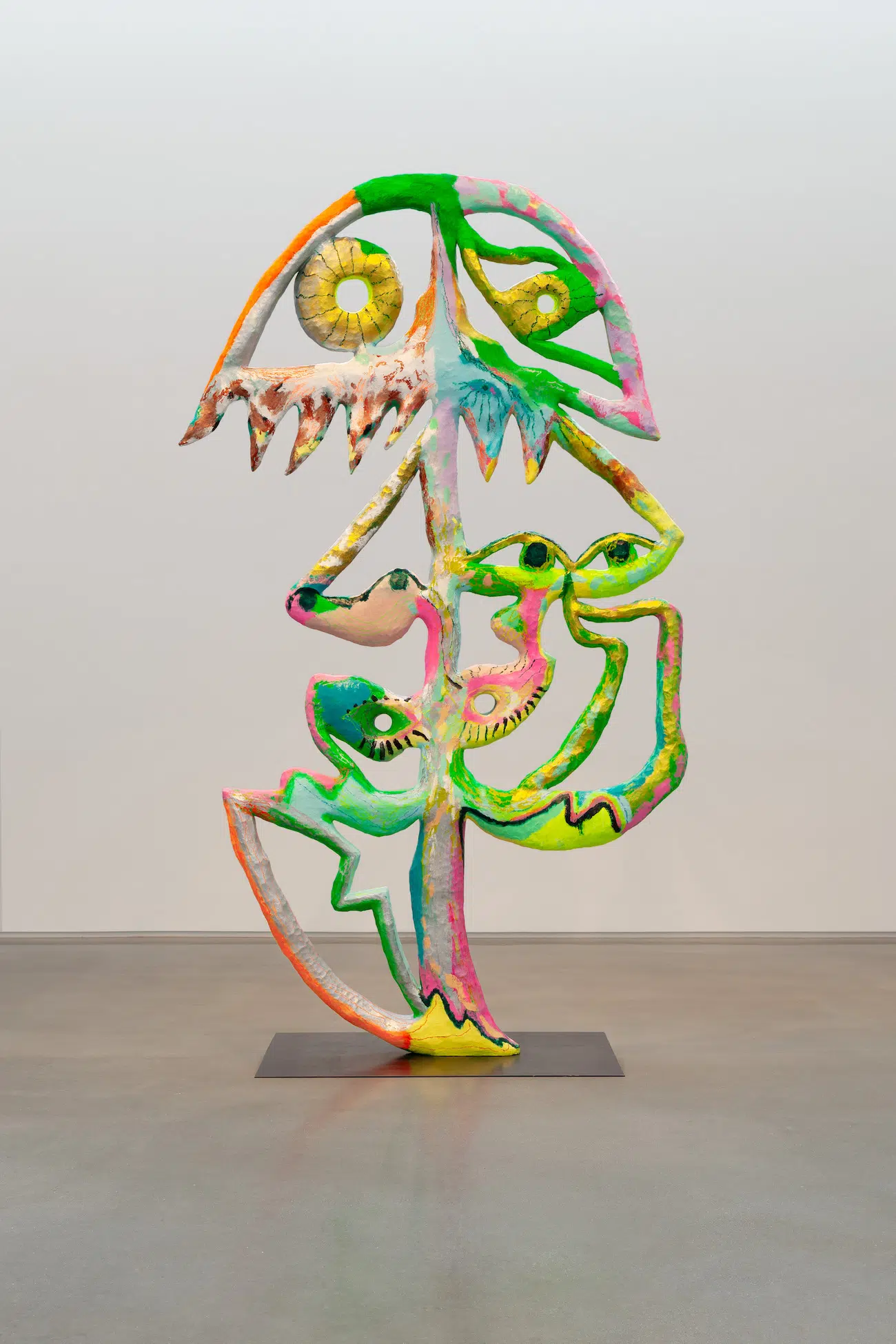 Bianca Beck, Opening, eating / Moving light, 2026. Papier-mâche, wood, steel wire, acrylic and oil paint, steel. 136 x 54 x 36 inches. Courtesy of the artist, Uffner & Liu, and the Center for Maine Contemporary Art. (Photo: Art Index)
