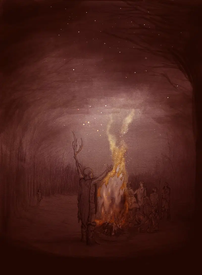 Artist's impression of fire at Barnham around 400,000 years ago.