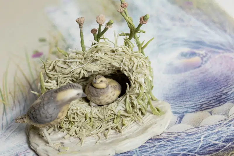 Eraser shaving sculptures of birds by Irie Saya