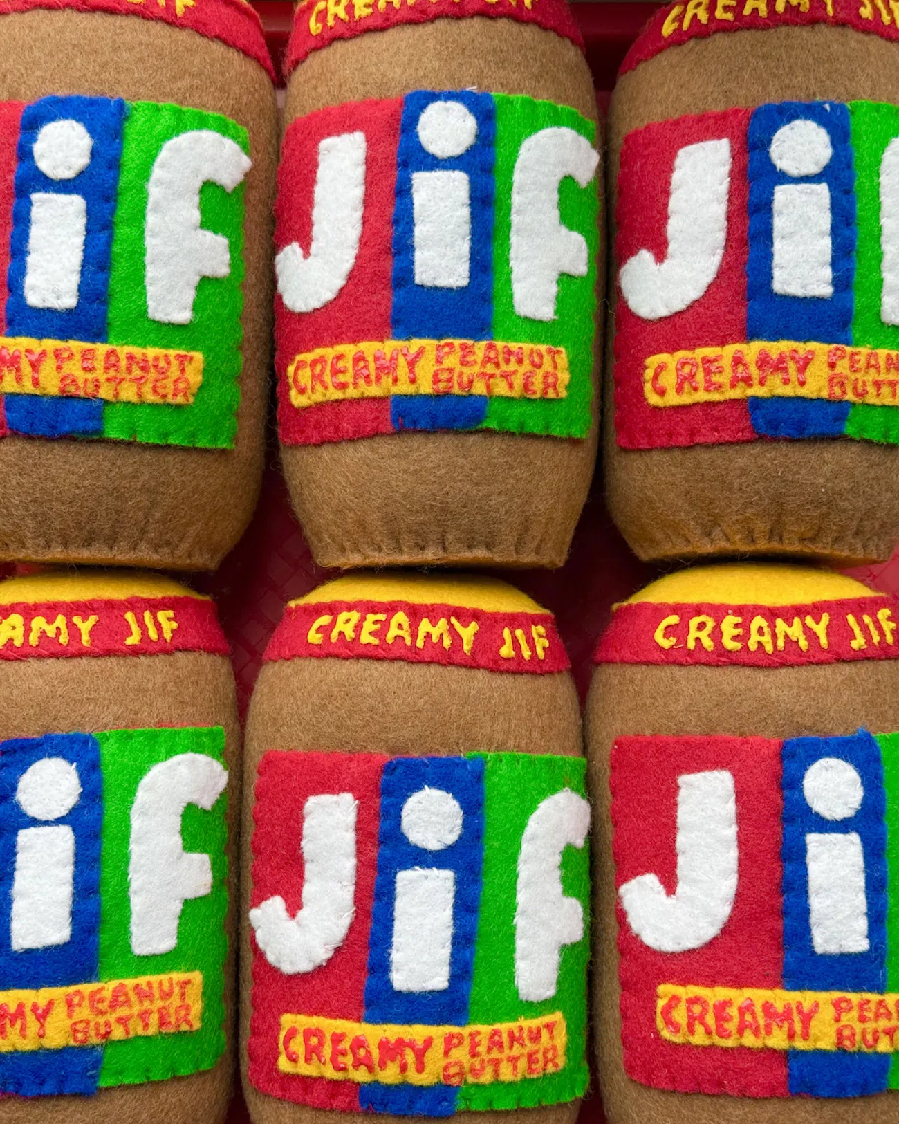 Jif peanut butter jars reimagined in felt by artist Lucy Sparrow