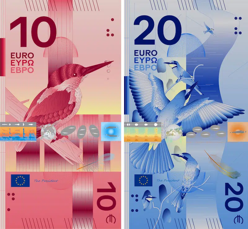 €10 and €20 banknote designs with birds on them