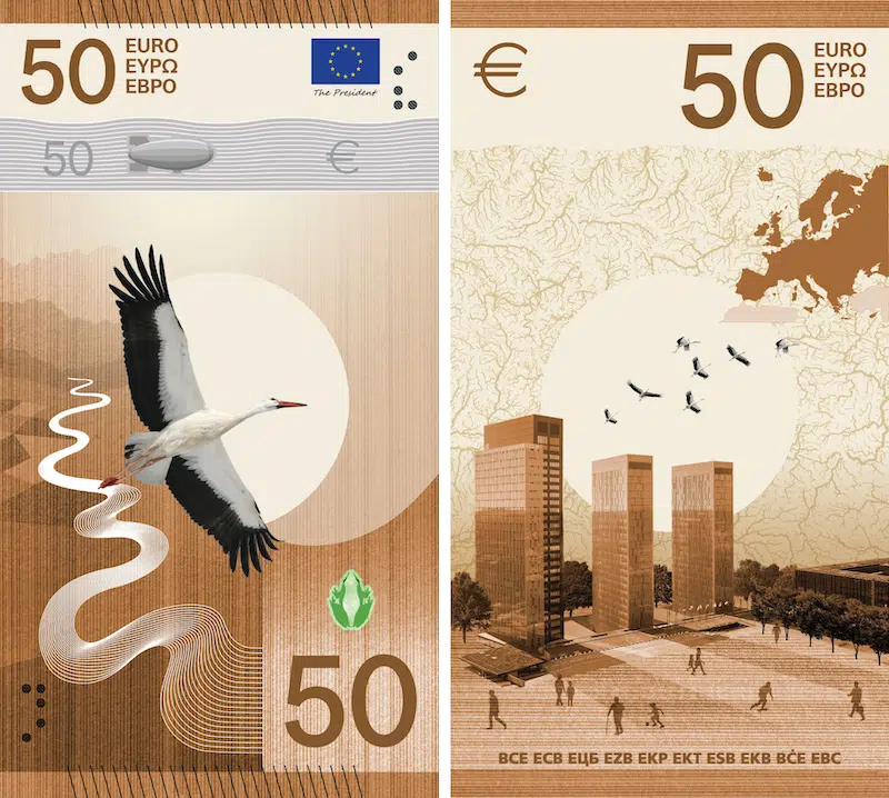 €50 banknote design with white stork