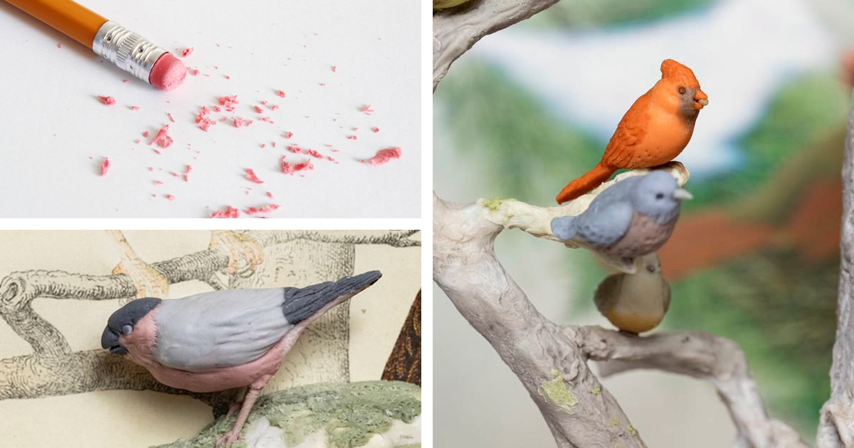 Japanese Artist Repurposes Eraser Shavings To Create Detailed Bird Sculptures