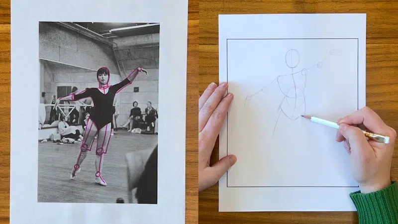 Side-by-side photo a dancer and a drawing of the dancer