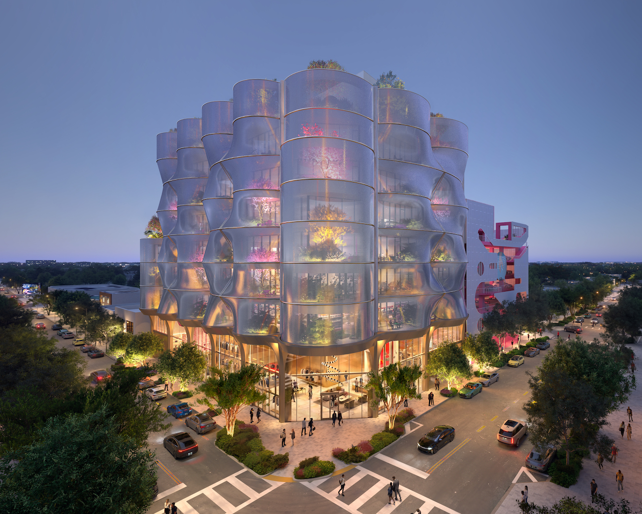 The veil both reflects exterior light and allows glimpses of the planting and offices within. Photo Credit: Snøhetta / PLOMP
