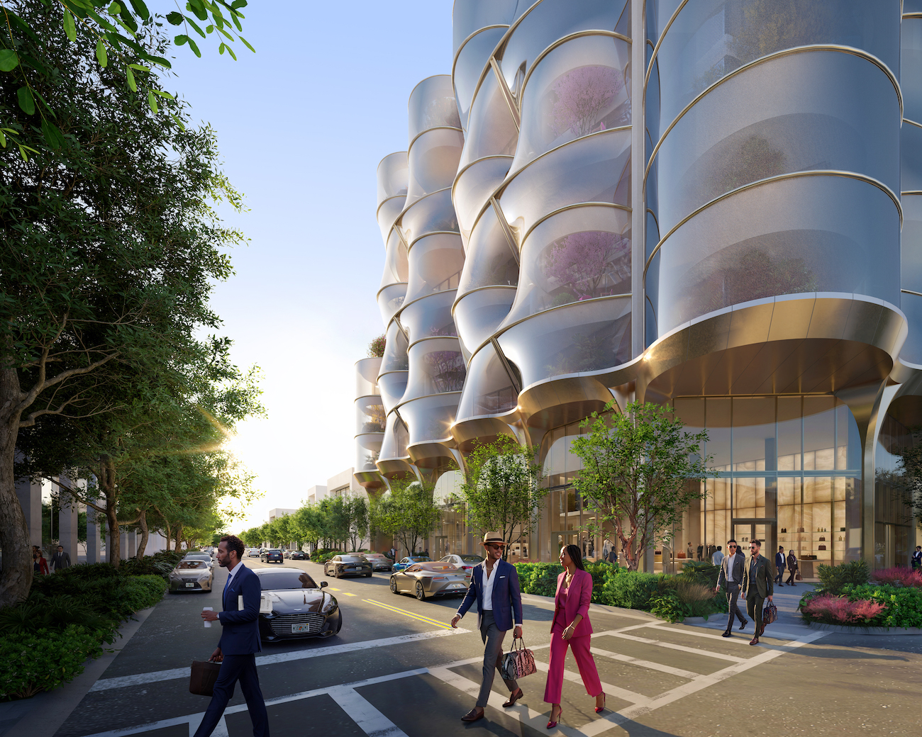 Warm sculptural metal clad bays provide shade and define the retail realm. Photo Credit: Snøhetta / PLOMP